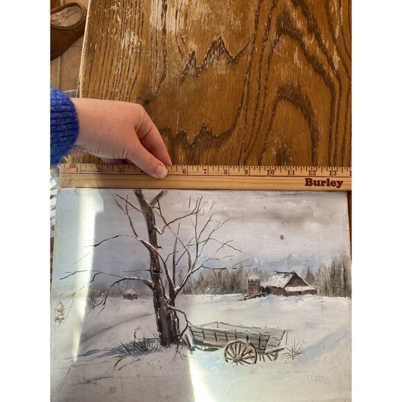 Vintage Winter Landscape Canvas Painting With Barn & Wagon Scene - Picture 8 of 8